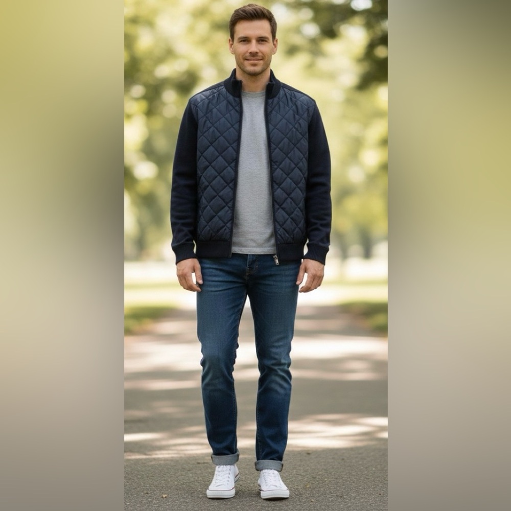 BOSS HUGO Boss Quilted Full Zip Sweater Jacket Navy Blue, Size Med